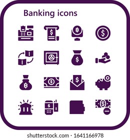 banking icon set. 16 filled banking icons. Included Cash register, Invoice, Bitcoin, Coin, Trade, Safe box, Money bag, Money, Piggy bank, Financial, Payment terminal, Wallet icons