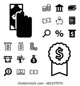 Banking icon. set of 20 banking filled and outline icons such as safe, money sack, atm money withdraw, bank, search dollar, percent, credit card, coin, cash payment, crown