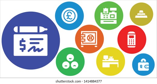 banking icon set. 9 filled banking icons.  Collection Of - Cheque, Pound, Cash register, Rate, Cash machine, Safebox, Payment terminal, Ingots, Wallet