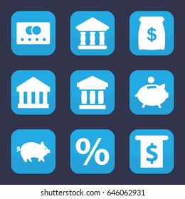 Banking icon. set of 9 filled banking icons such as pig, credit card, bank, piggy bank, percent, money sack