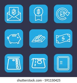 banking icon. Set of 9 outline banking icons such as atm, ATM money withdraw, dollar, money box, gold bar, crown, envelope with dollar bill, dollar award
