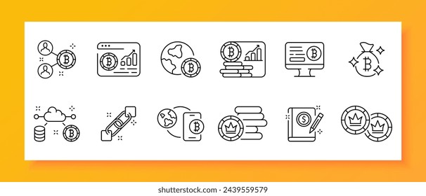 Banking icon set. Bitcoin, blockchain, cryptocurrency, investments, course, smartphone, application, book, pencil. Black icon on a white background. Vector line icon for business and advertising
