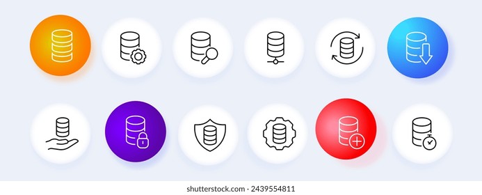 Banksymbol gesetzt. Münzen, Hand, Einstellungen, Zahnrad, Schild, Suche, Lupe. In: Neomorphism Style. Vektorliniensymbol für Unternehmen und Werbung