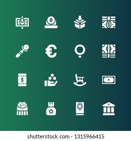 banking icon set. Collection of 16 filled banking icons included Bank, Atm, Money, Coins, Retirement, Payment, Bill, Qstack, Euro, Sign, Bills, Packing, Bitcoin, Banknote