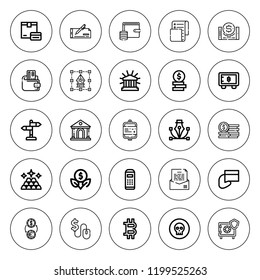 Banking icon set. collection of 25 outline banking icons with bitcoin, blood bag, cheque, bill, coin, coins, exchange, dollar, ingots, financial icons. editable icons.
