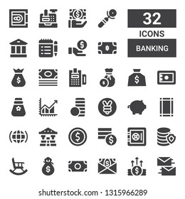 banking icon set. Collection of 32 filled banking icons included Exchange, Money, Money bag, Retirement, Safebox, Coins, Coin, Bank, Internet, Margin, Piggy bank, Yuan, Coin stack