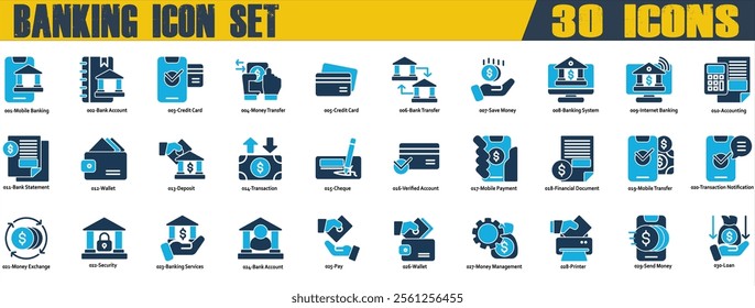 Banking icon set. Containing Mobile Banking,Bank Account,Credit Card,Bank Transfer,Internet Banking,Bank Statement,Verified Account,Mobile Payment,Money Exchange,Bank Account and Loan. Duo Tone Style