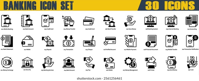 Banking icon set. Containing Mobile Banking,Bank Account,Credit Card,Bank Transfer,Internet Banking,Bank Statement,Verified Account,Mobile Payment,Money Exchange,Bank Account and Loan. Mixed Style