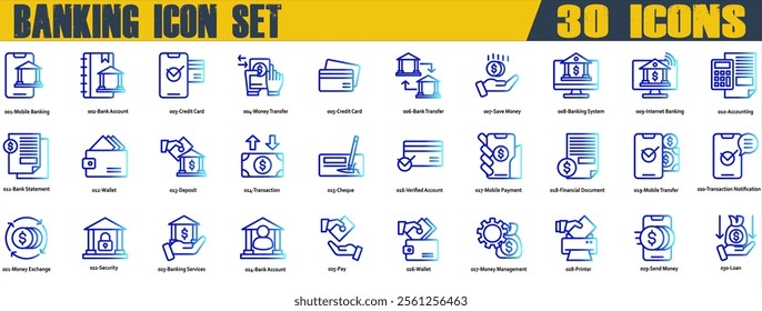 Banking icon set. Containing Mobile Banking,Bank Account,Credit Card,Bank Transfer,Internet Banking,Bank Statement,Verified Account,Mobile Payment,Money Exchange,Bank Account and Loan.Line Color Style