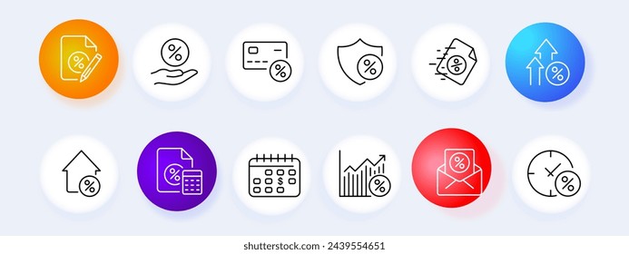 Banking icon set. Credit card, interest, price rise, mail, stocks, bonds, calendar, billboard. Neomorphism style. Vector line icon for business and advertising