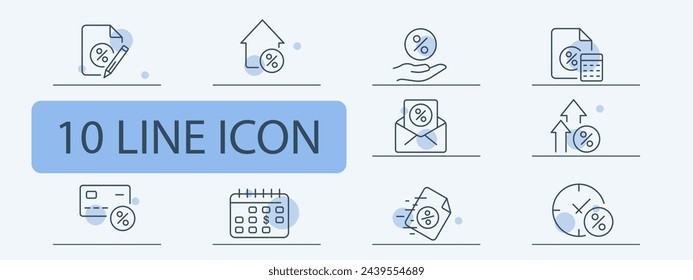 Banking icon set. Credit card, interest, price rise, mail, stocks, bonds, calendar, billboard. 10 line icon style. Vector line icon for business and advertising