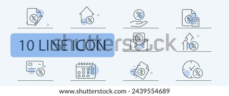 Banking icon set. Credit card, interest, price rise, mail, stocks, bonds, calendar, billboard. 10 line icon style. Vector line icon for business and advertising
