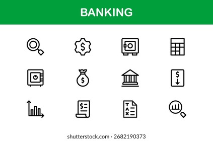 Conjunto de iconos bancarios con finanzas, dinero, transacciones y servicios financieros en estilo de Vector