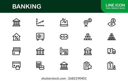 Conjunto de iconos bancarios con finanzas, dinero, transacciones y servicios financieros en estilo de Vector