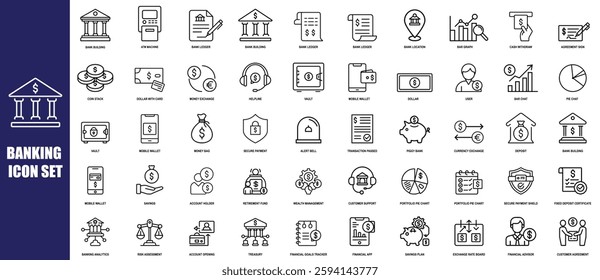 Banking Icon Set. Financial, Money, and Payment Outline Vectors. Banking Outline Vector Icon Sets. 