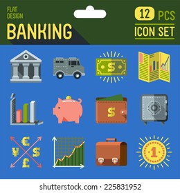 Banking icon set. Flat design long shadow. Vector illustration.
