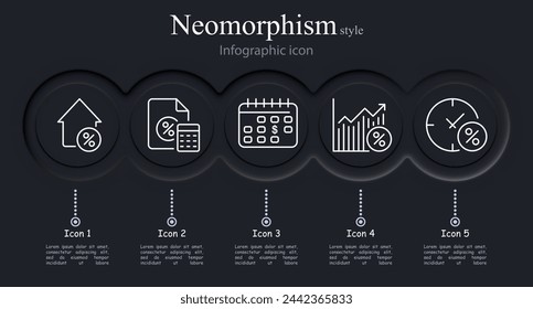 Conjunto de iconos bancarios. Interés de la factura de la casa, legalización de ingresos, calendario, reloj, archivo. Estilo neomorfista. Icono de línea vectorial para negocios y publicidad
