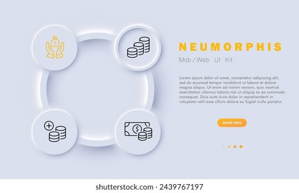 Banking icon set. Information collection, file, magnifying glass, cryptanalyst, smartphone, graph, monitor, diagram. Neomorphism style. Vector line icon for business and advertising