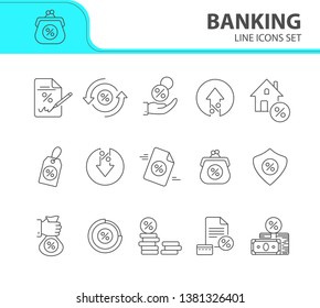 Banking icon set. Line icons collection on white background. Money, coin, cash. Finances concept. Can be used for topics like discount, payment, sale