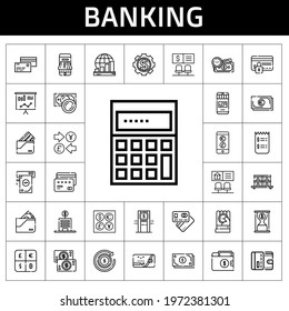 banking icon set. line icon style. banking related icons such as payment method, profits, wallet, coins, time is money, calculating, debit card, bank, money, currency, credit card