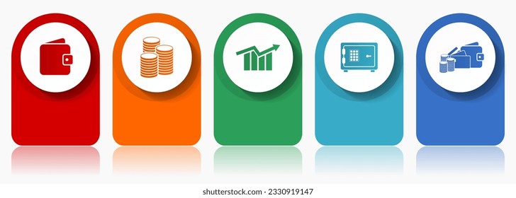 Banking icon set, miscellaneous vector icons such as wallet, money, diagram and safe, modern design infographic template, web buttons in 5 color options