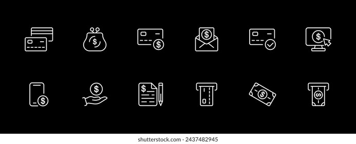 Banking icon set. Monitor, bill, dollar, ATM, issue, hand, smartphone, currency, denomination. White line icon on black background. Vector line icon for business and advertising
