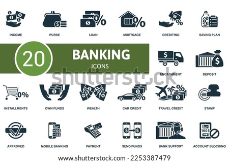 Banking icon set. Monochrome simple Banking icon collection. Income, Purse, Loan, Mortgage, Crediting, Mobile Banking, Payment, Send Funds, Bank Support, Account Blocking icon