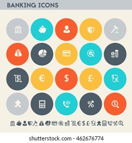 Banking icon set. Multicolored square flat buttons