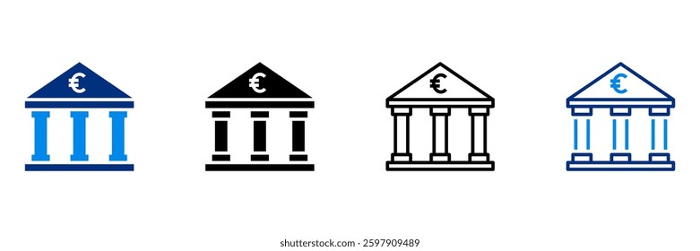 Banking icon set multiple style collection. Bank building with euro symbol.