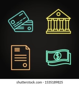 Banking icon set in neon line style. Bank building, banknotes and cards symbols collection. Vector illustration.