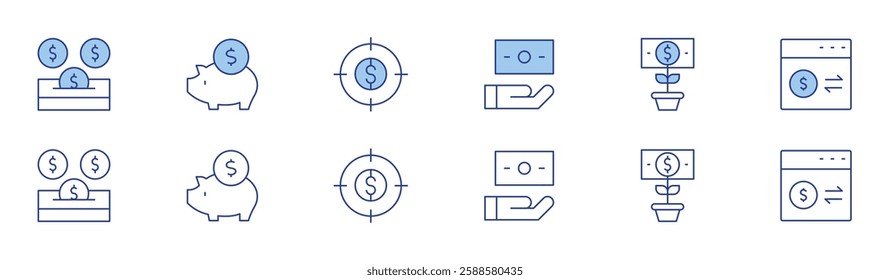 Banking icon set in two styles, Duotone and Thin Line style. Editable stroke. money, savings, stock market, target, transaction.