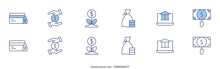 Banking icon set in two styles, Duotone and Thin Line style. Editable stroke. credit card, funding, investment, money bag, online banking, searching.