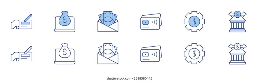 Banking icon set in two styles, Duotone and Thin Line style. Editable stroke. checkbook, credit card, digital economy, money, money management, wire transfer.