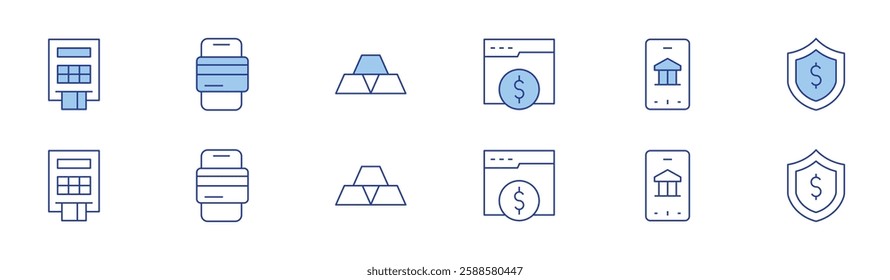 Banking icon set in two styles, Duotone and Thin Line style. Editable stroke. cash machine, credit card, gold ingots, money, online banking, shield.