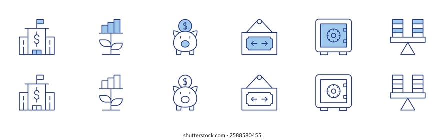 Banking icon set in two styles, Duotone and Thin Line style. Editable stroke. bank, growth, open, safe deposit, saving, stability.