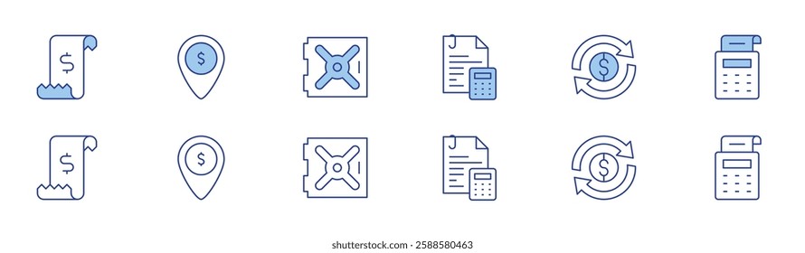 Banking icon set in two styles, Duotone and Thin Line style. Editable stroke. accounting, check, location, money transfer, payment terminal, vault.