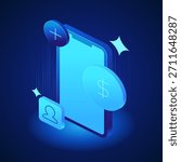 Banking icon. Smartphone with dollar and user profile icons represents secure online insurance services, account setup, and digital coverage tools for banking, fintech, and personal finance platforms