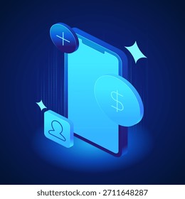 Icono de la banca. El teléfono inteligente con íconos de dólar y perfil de usuario representa servicios seguros en línea, configuración de Cuentas y herramientas de cobertura digital para plataformas bancarias, fintech y finanzas personales
