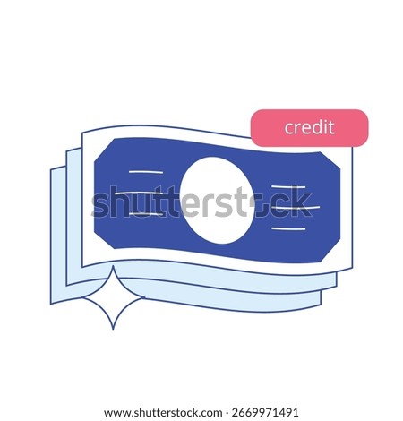 Banking icon. Stylized banknotes marked “credit” reflect borrowing options, financial support, and loan availability tailored for personal and business needs across banking platforms.