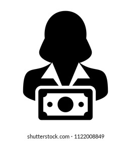 Banking icon vector female user person profile avatar with money symbol in flat color glyph pictogram illustration