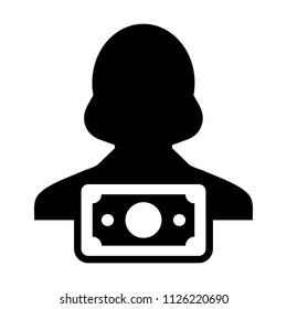 Banking icon vector female user person profile avatar with money symbol in flat color glyph pictogram illustration