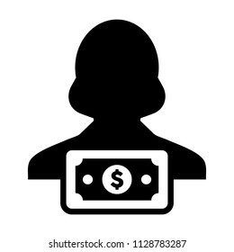 Banking icon vector female user person profile avatar with dollar sign currency money symbol for bank and finance business in flat color glyph pictogram illustration