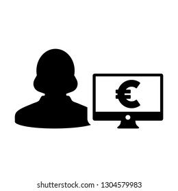 Banking icon vector female user person profile avatar with computer monitor and euro sign currency money symbol for bank and finance business in flat color glyph pictogram illustration
