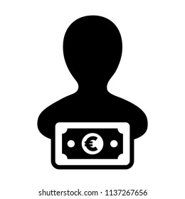 Banking icon vector male user person profile avatar with Euro sign currency money symbol for bank and finance business in flat color glyph pictogram illustration