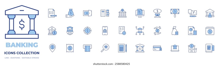 Banking icons collection. Line Duotone style, editable stroke. account, accountant, bank, bank check, bill, billing, book, calculator, calendar, credit card, vault.