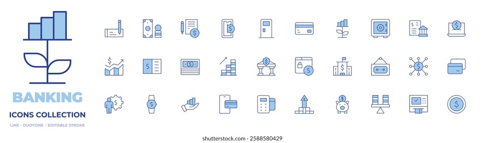 Banking icons collection. Line Duotone style, editable stroke. atm, bank, banking, cost, credit card, dollar bill, dollar coins, growth, internet banking, money.