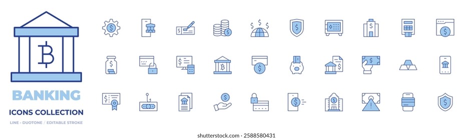 Banking icons collection. Line Duotone style, editable stroke. accounting, bank, bank check, bank statement, card payment, cash machine, cheque, coins, crisis.