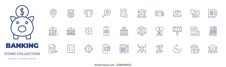 Banking icons collection. Thin Line icons, editable stroke. account, accountant, bank, bank check, bill, billing, book, credit card, focus, funding, investment.