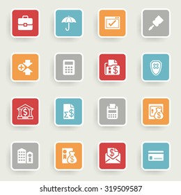 Banking icons with color buttons on gray background.