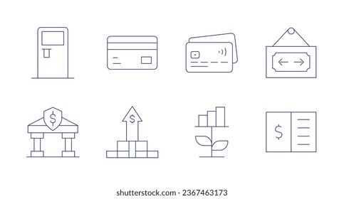 Banking icons. Editable stroke. Containing atm, bank, credit card, dollar bill, growth, open, passbook.